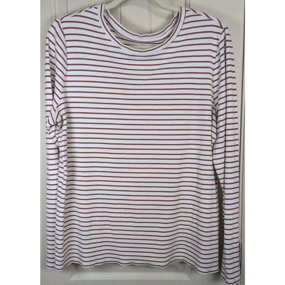Time and Tru Knit Top Women's 2X XXL Long Sleeve Cream Brown Striped Crew Neck